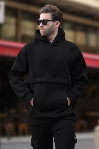 Siyah Kapüşonlu Cep Detaylı Erkek Sweatshirt 7092