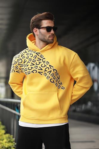 Sarı Baskılı Kapüşonlu Erkek Sweatshirt E7160