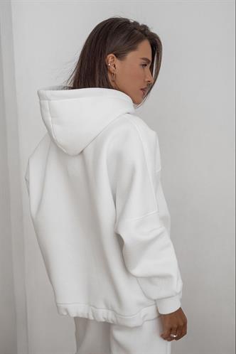 Ekru Kapüşonlu Şardonlu Oversize Cepli Sweatshirt MG2206