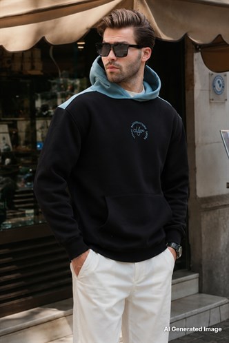 Siyah Kapüşonlu Renk Bloklu Nakış Detaylı Erkek Sweatshirt 7088