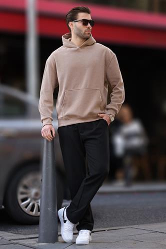 Taba Kapüşonlu Cep Detaylı Dokulu Sweatshirt E7101