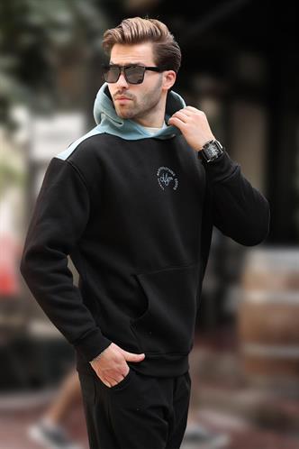 Siyah Kapüşonlu Renk Bloklu Nakış Detaylı Erkek Sweatshirt 7088