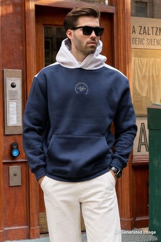 Lacivert Kapüşonlu Renk Bloklu Nakış Detaylı Erkek Sweatshirt 7088