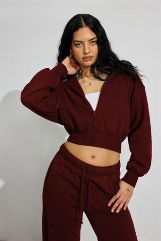 Bordo Crop Kapşonlu Fermuarlı Kadın Sweatshirt MG2608