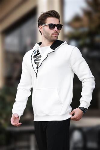 Madmext Beyaz Fermuar Detaylı Kapüşonlu Sweatshirt 1767