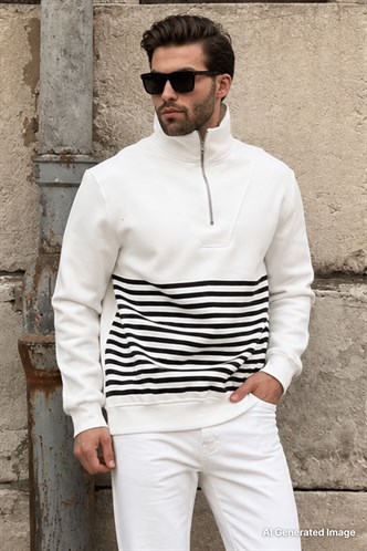 Ekru Fermuar Yakalı Çizgili Sweatshirt 7056