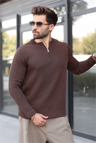 Kahverengi Bisiklet Yaka Fermuar Detaylı Erkek Triko Sweatshirt E7209