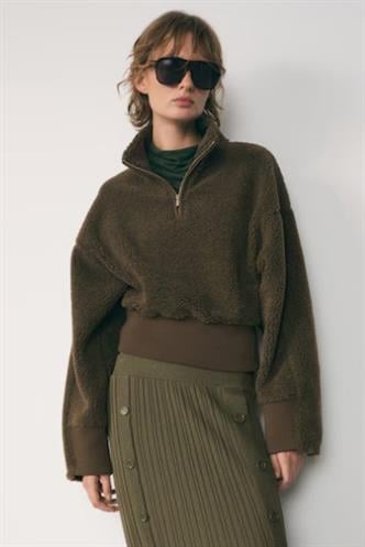 Haki Fermuar Yaka Kürklü Kadın Sweatshirt MG2261
