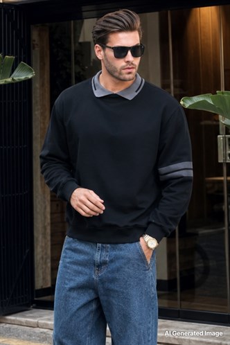Siyah Polo Yaka Oversize Kolu Şeritli Erkek Sweatshirt 7048