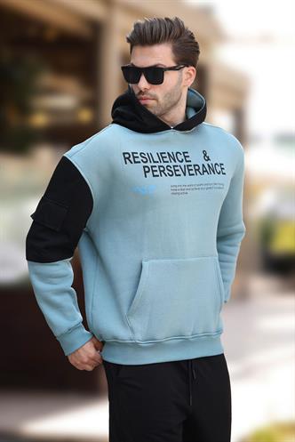 Mavi Kapüşonlu Cep Detaylı Baskılı Erkek Sweatshirt 7058