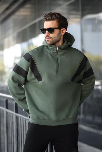 Haki Fermuarlı Yaka Kapüşonlu Erkek Sweatshirt E7161
