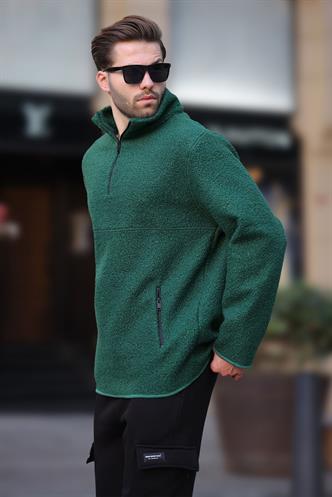 Yeşil Dik Yaka Yarım Fermuarlı Buklet Sweatshirt 7084