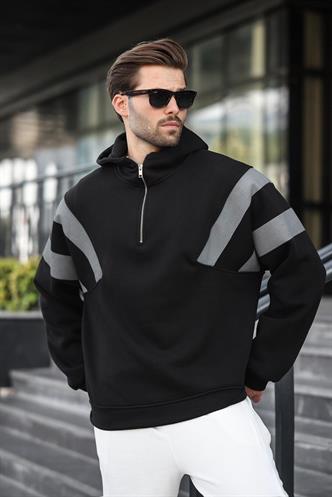 Siyah Fermuarlı Yaka Kapüşonlu Erkek Sweatshirt E7161