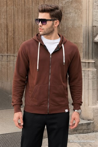 Acı Kahve Fermuarlı Kapüşonlu Sweatshirt 6161