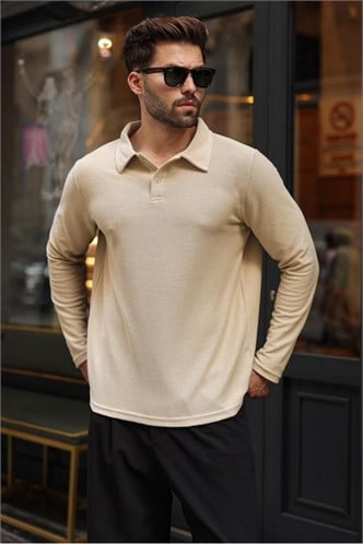 Bej Gömlek Yaka Dokulu Regular Fit Erkek Sweatshirt E7203