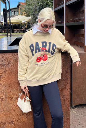 Bej Bisiklet Yaka Basic Sweatshirt MG2233