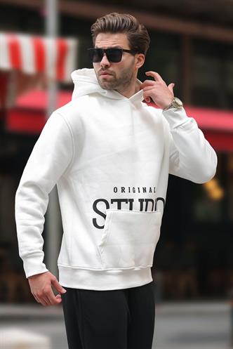 Ekru Kapüşonlu Baskılı Cep Detaylı Sweatshirt E7076