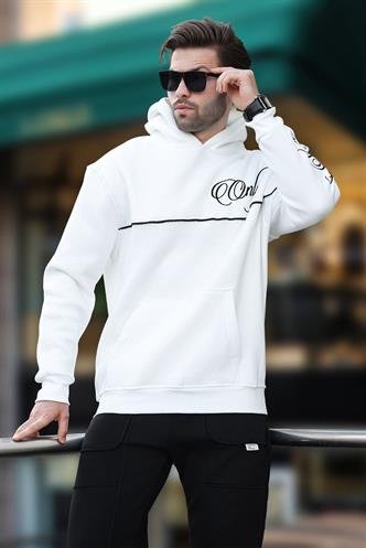Ekru Kapüşonlu Şerit Detaylı Baskılı Erkek Sweatshirt 7091