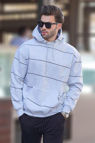 Karmelanj Kapüşonlu Cep Detaylı Çizgili Erkek Sweatshirt 7063