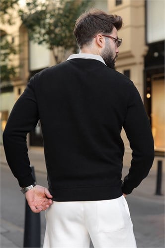 Siyah Şerit Detaylı Polo Yaka Erkek Sweatshirt E7212  