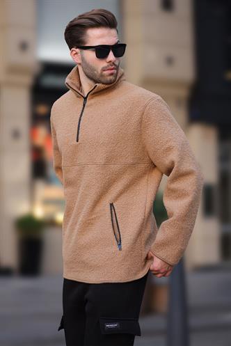 Bej Dik Yaka Yarım Fermuarlı Buklet Sweatshirt 7084