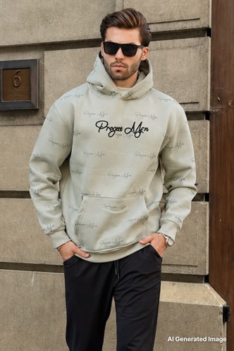 Çağla Yeşili Baskılı Kapşonlu Cep Detaylı Erkek Sweatshirt 7075