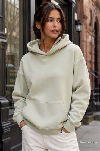 Çağla Yeşili Kapüşonlu Şardonlu Oversize Cepli Sweatshirt MG2206