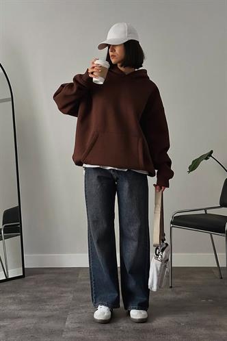 Acı Kahverengi Kapüşonlu Şardonlu Oversize Cepli Sweatshirt MG2206