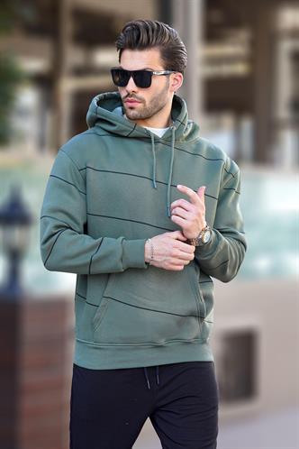 Haki Kapüşonlu Cep Detaylı Çizgili Erkek Sweatshirt 7063