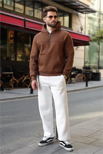 Kahverengi Kanguru Cepli Kapüşonlu Erkek Sweatshirt E7218