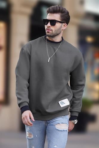 Füme Bisiklet Yaka Oversize Şardonlu Arma Detaylı Erkek Sweatshirt 7043