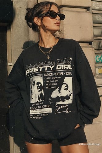 Siyah Baskılı Oversize Kadın Sweatshirt  MG1923