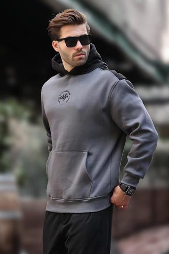 Füme Kapüşonlu Renk Bloklu Nakış Detaylı Erkek Sweatshirt 7088