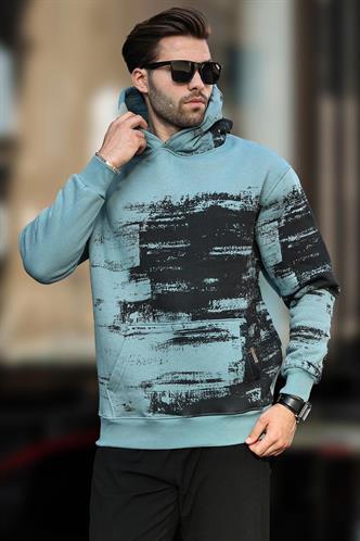 Mavi Kapüşonlu Desenli Cep Detaylı Erkek Sweatshirt 7059