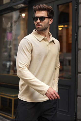 Bej Gömlek Yaka Dokulu Regular Fit Erkek Sweatshirt E7203