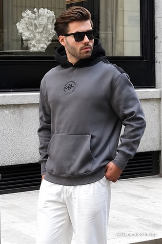 Füme Kapüşonlu Renk Bloklu Nakış Detaylı Erkek Sweatshirt 7088