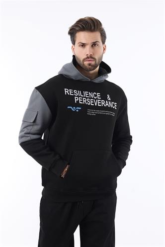 Siyah Kapüşonlu Cep Detaylı Baskılı Erkek Sweatshirt 7058