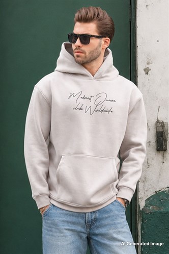 Boyalı Gri Kapüşonlu Cep Detaylı Baskılı Erkek Sweatshirt 7064