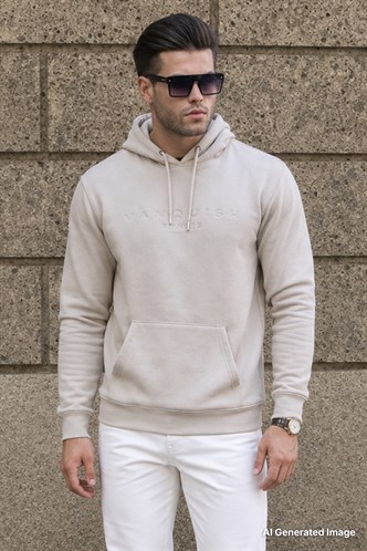 Bej Kapüşonlu Basic Sweatshirt 6014
