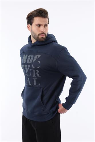 Lacivert Baskılı Kapüşonlu Cep Detaylı Erkek Sweatshirt 7062