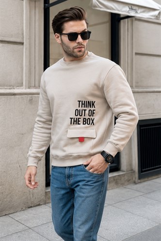 Bej Bisiklet Yaka Şardonlu Cep Detaylı Baskılı Erkek Sweatshirt 7061