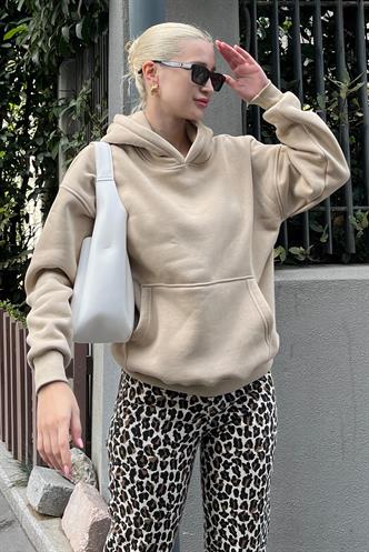 Bej Kapüşonlu Şardonlu Oversize Cepli Sweatshirt MG2206