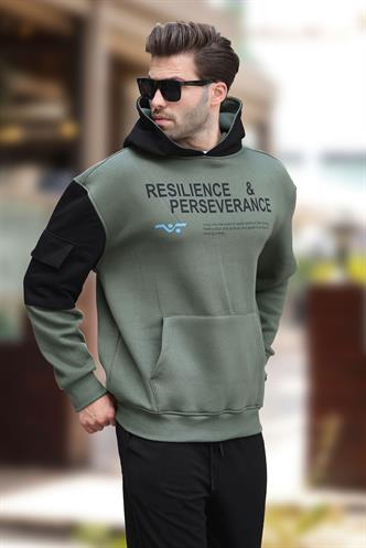 Haki Kapüşonlu Cep Detaylı Baskılı Erkek Sweatshirt 7058