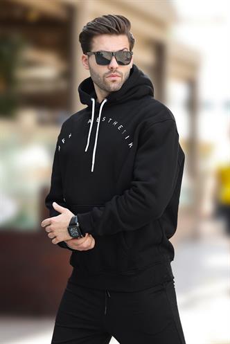 Siyah Kapüşonlu Cep Detaylı Nakışlı Erkek Sweatshirt 7054