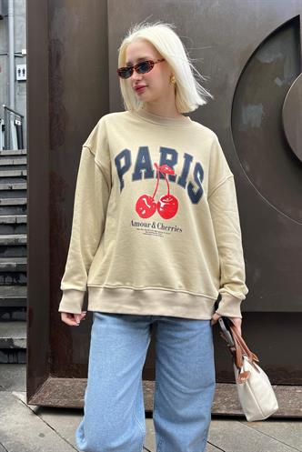 Bej Bisiklet Yaka Basic Sweatshirt MG2233