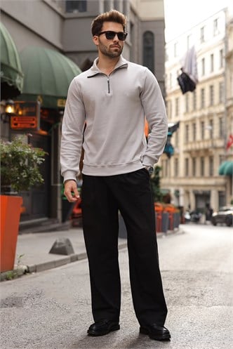 Gri Dik Yaka Yarım Fermuarlı Erkek Sweatshirt E7211