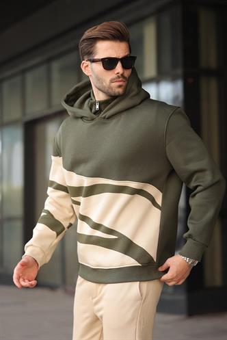 Haki Kapüşonlu Fermuar Yaka Desenli Erkek Sweatshirt E7162