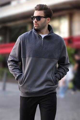 Füme Dik Yaka Yarım Fermuarlı Polar Sweatshirt 7096