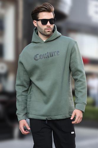 Haki Kapüşonlu Baskılı Erkek Sweatshirt 7090