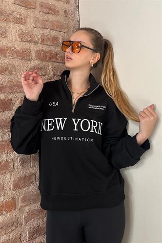 Siyah Yarım Fermuarlı Baskılı Sweatshirt MG2212